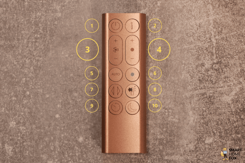 Die Fernbedienung des Dyson Purifier Hot+Cool Formaldehyde HP09 liegt auf dem Tisch und die Tasten sind nummeriert.